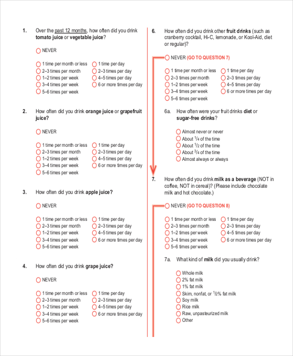 FREE 7+ Sample Food Frequency Questionnaire Forms in PDF MS Word