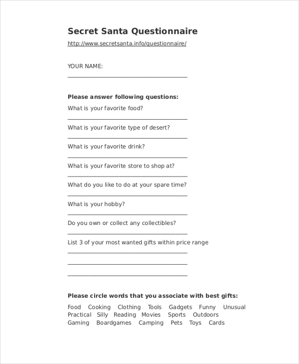 FREE 10+ Sample Secret Santa Questionnaire Forms in PDF MS Word