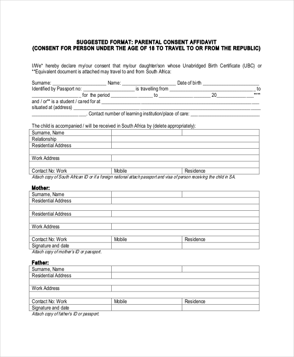 south african travel consent form