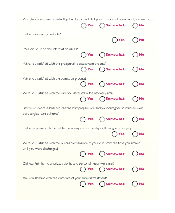 patient satisfaction questionnaire after surgery