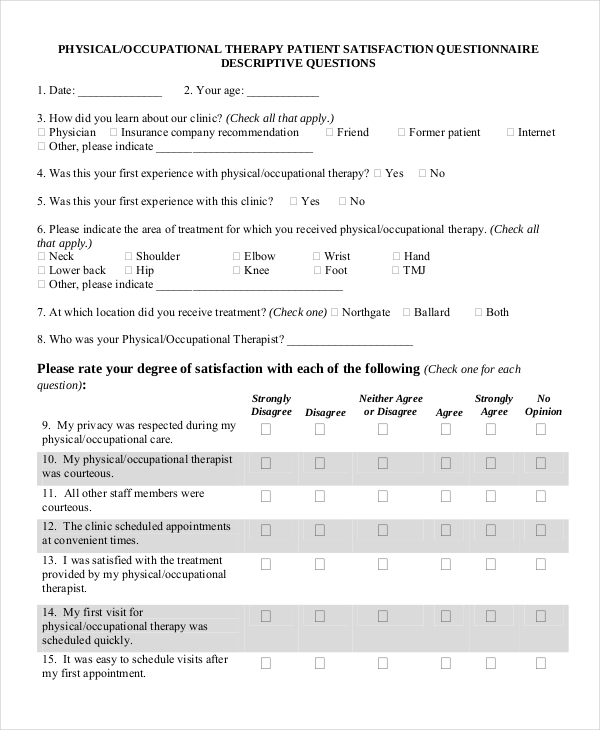 patient satisfaction questionnaire for physical therapy