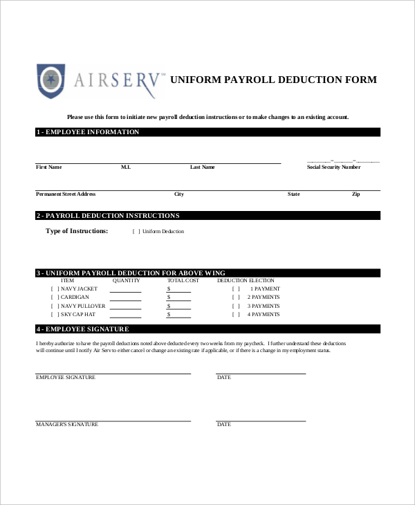 payroll deduction form for uniforms