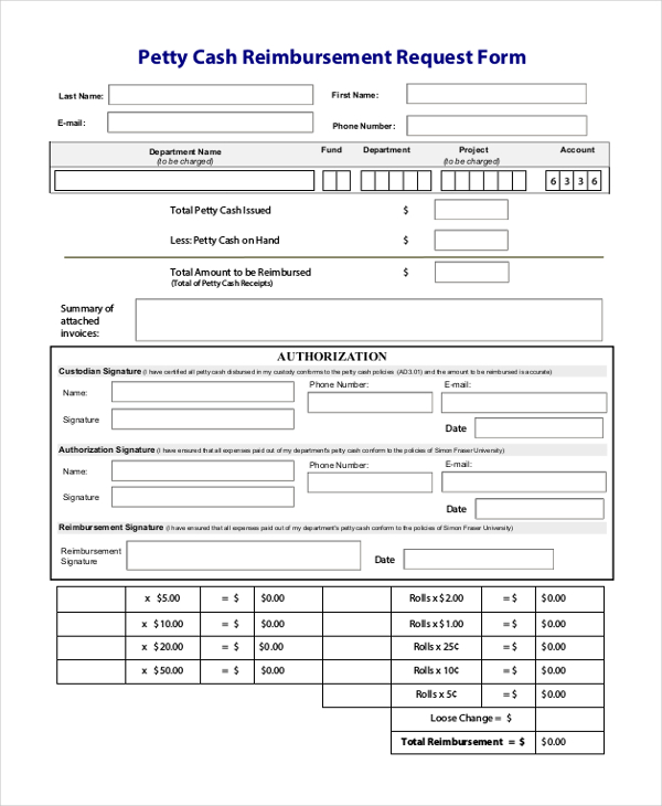 petty cash reimbursement request form