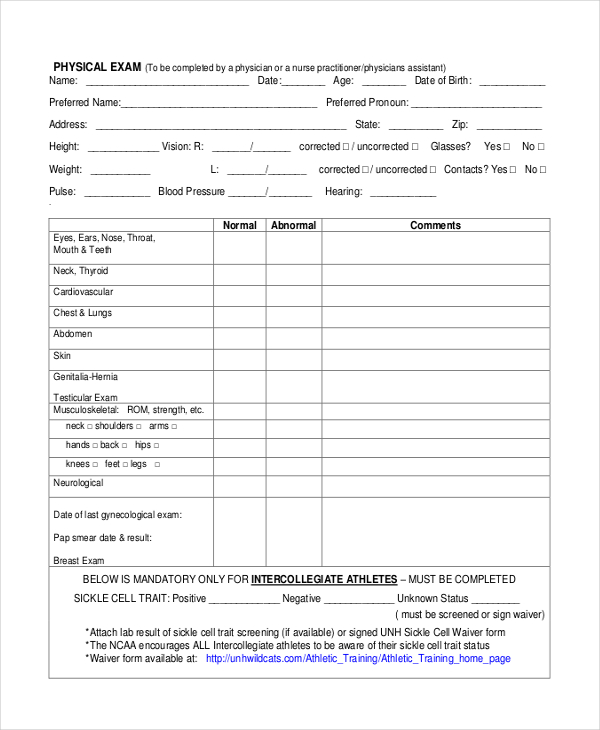 Fitness For Work Assessment Checklist Document Samples   Physical Assessment Checklist 