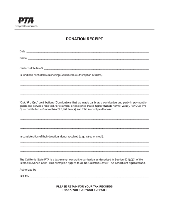 printable donation receipt form