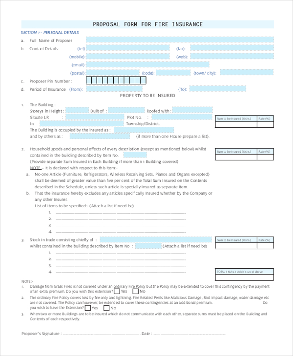 proposal form for fire insurance
