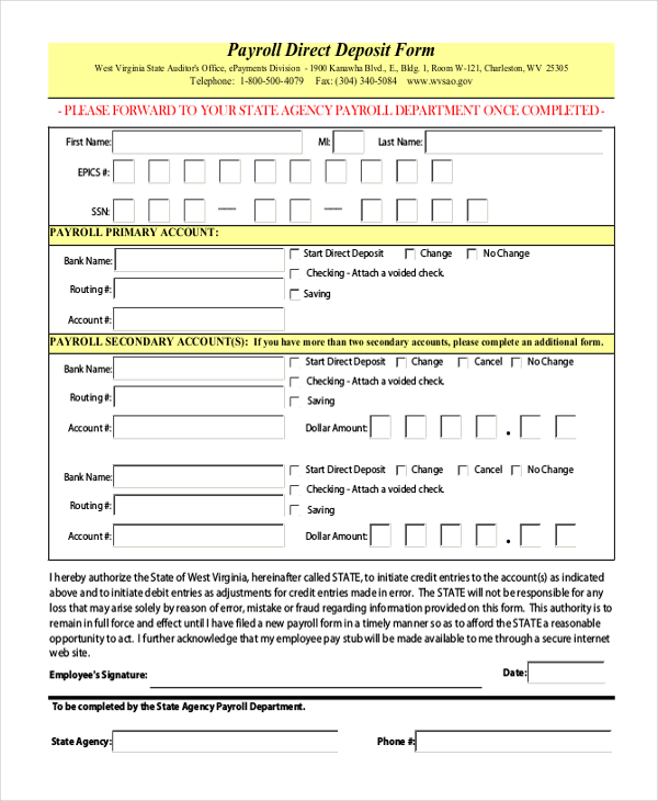 Free 10 Sample Payroll Direct Deposit Forms In Pdf Ms Word Excel 6079