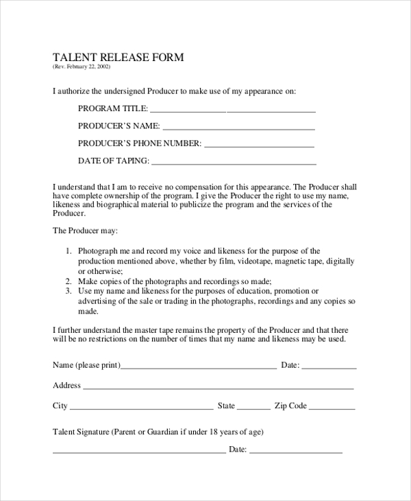 FREE 10+ Sample Talent Release Forms in MS Word PDF