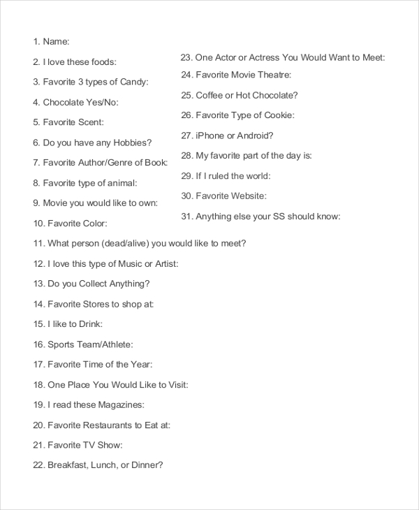 secret santa questionnaire form example