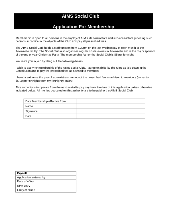 social club membership application form