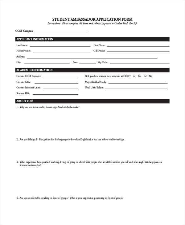 student ambassador application form 
