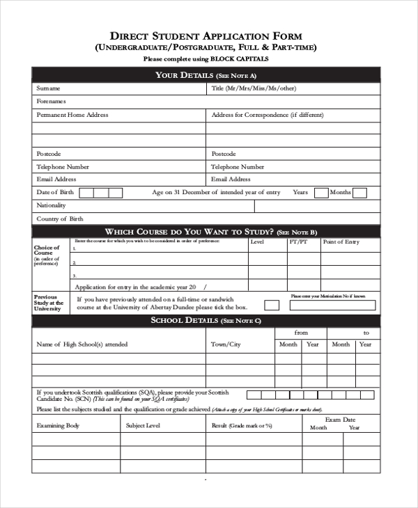 student application form format