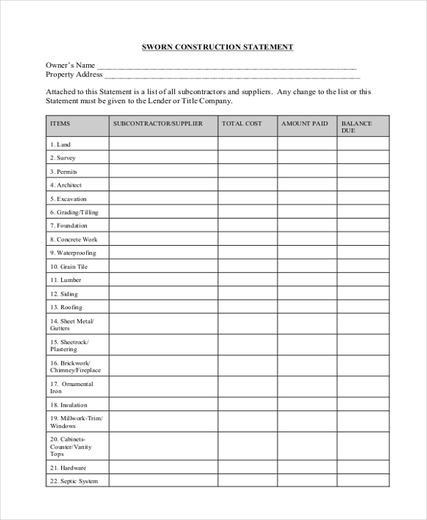 sworn statement form construction