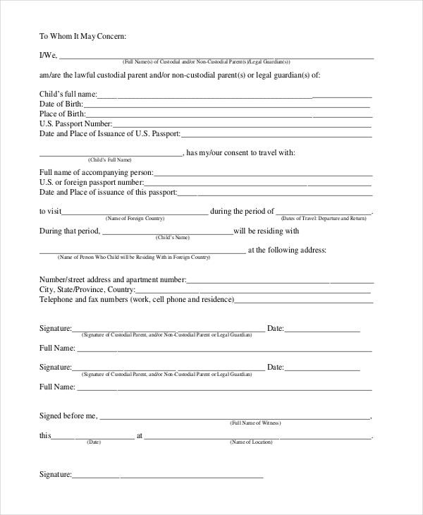 Free 11 Sample Travel Consent Forms In Pdf Ms Word Excel 8726
