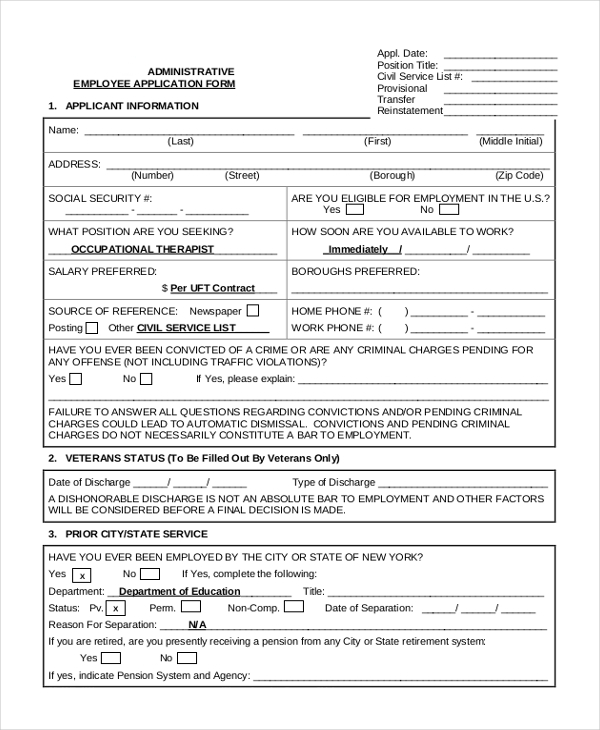 New Employee Application Form Printable 4464