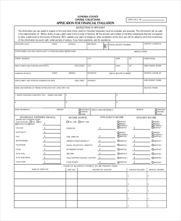 application for financial evaluation