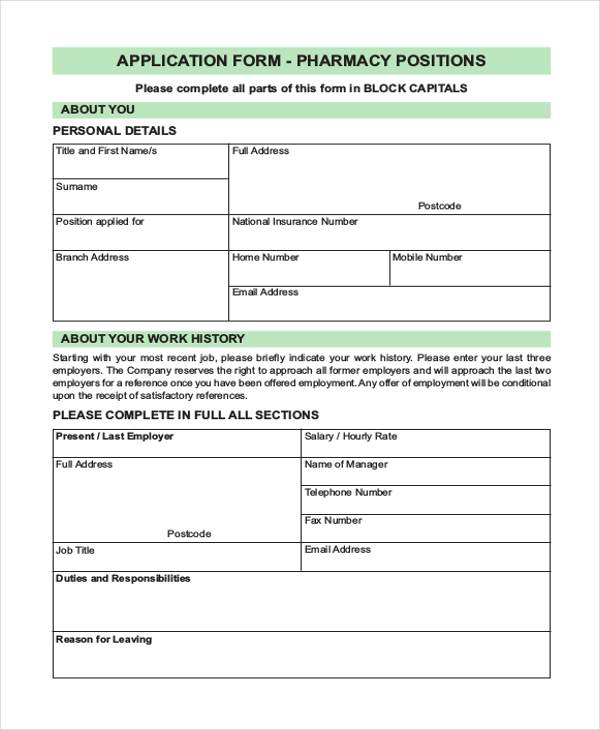 free 11 sample pharmacy job application forms in pdf word