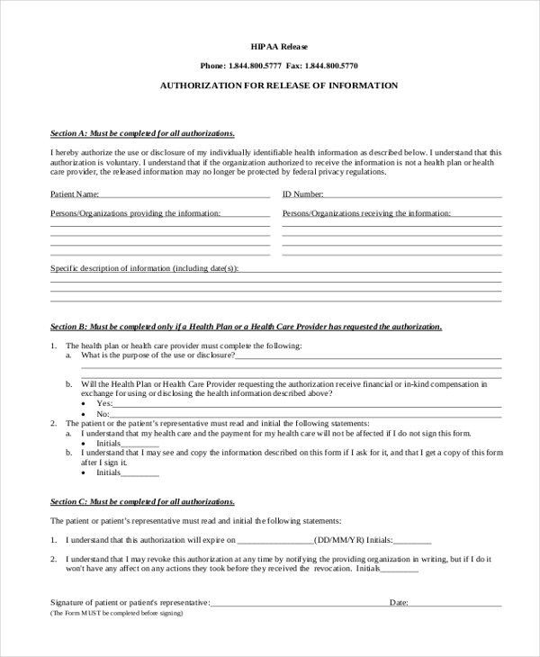 authorization for hipaa release form