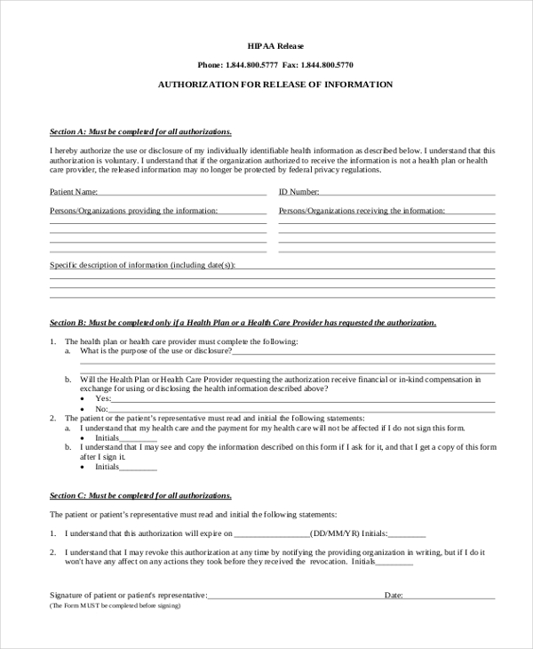 FREE 11+ HIPAA Release Form Samples in PDF | MS Word