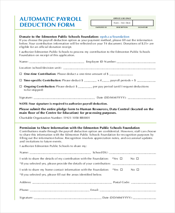 automatic payroll deduction form