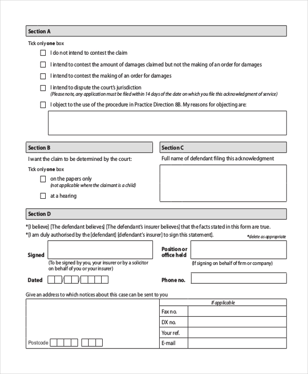 acknowledgement of service form