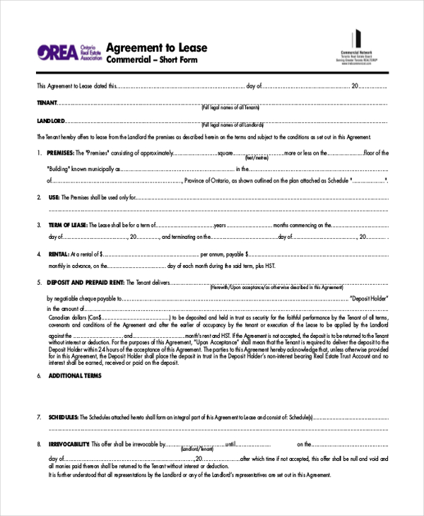 agreement to lease commercial form