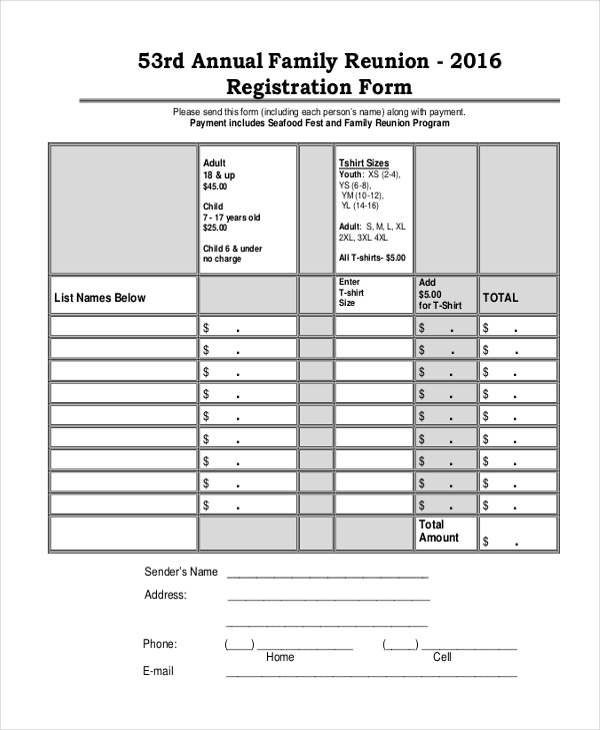 annual family reunion registration form