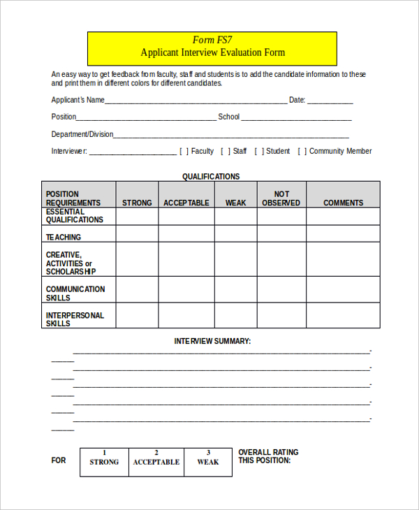 applicant interview evaluation form
