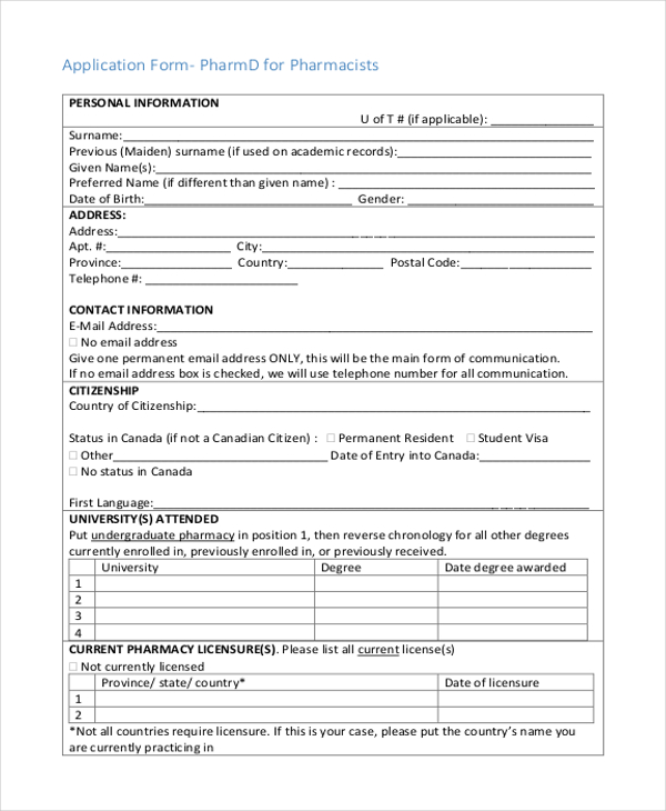 application form for pharmd for pharmacists