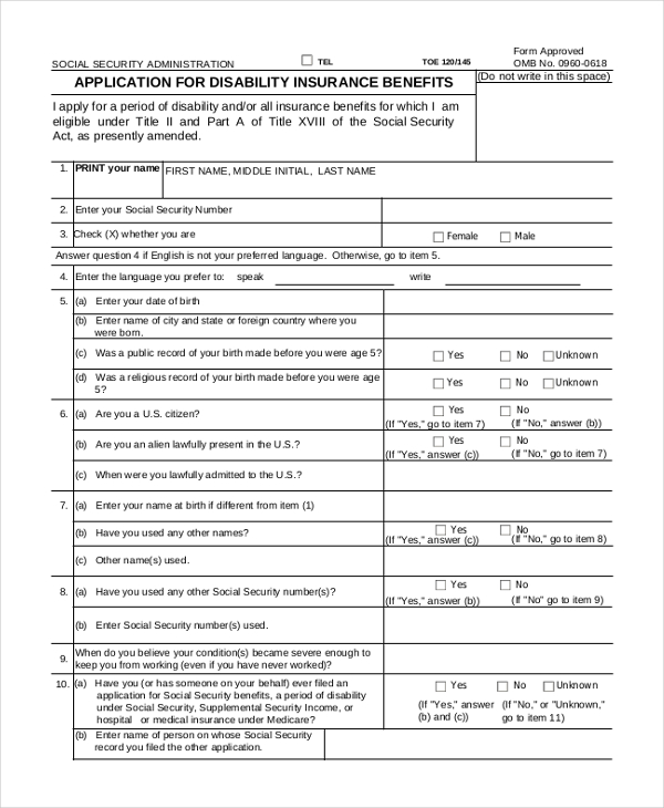 Free Sample Disability Application Forms In Pdf