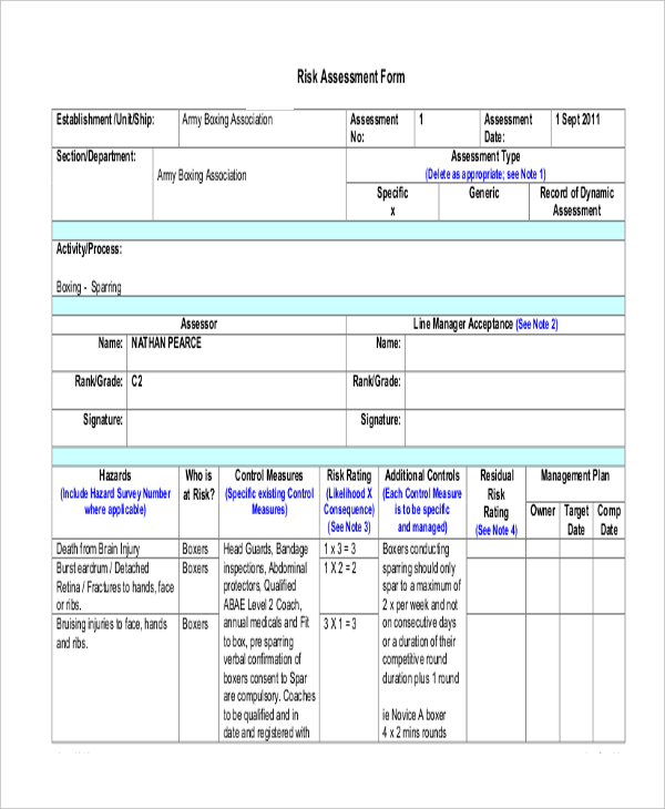 army risk assessment form