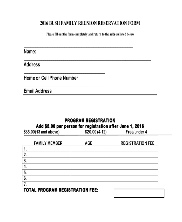 Free 10 Sample Family Reunion Registration Forms In Pdf Ms Word Excel