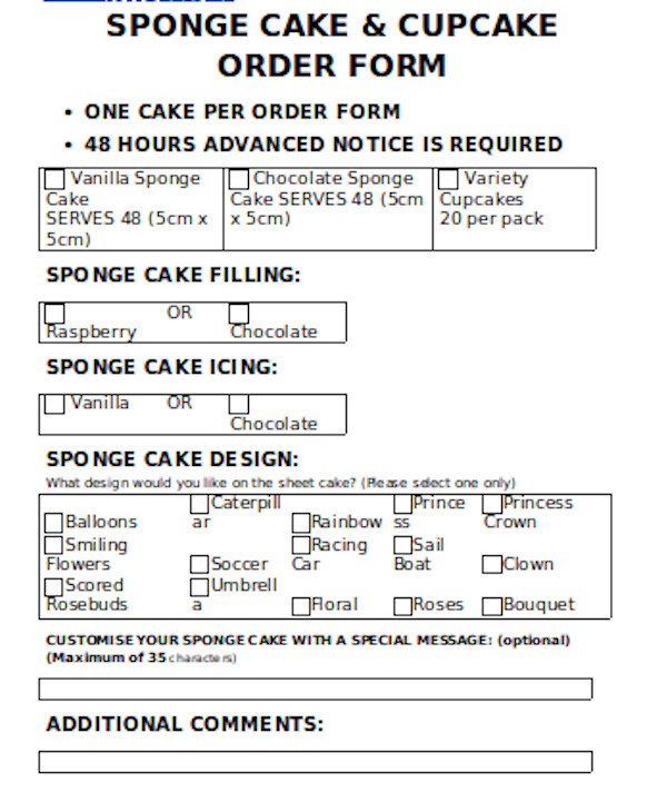 basic cupcake order form