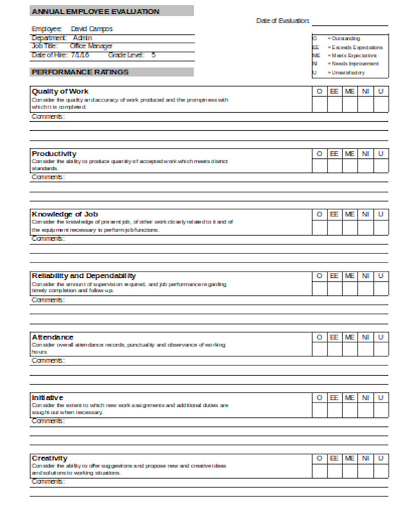 basic job performance evaluation form