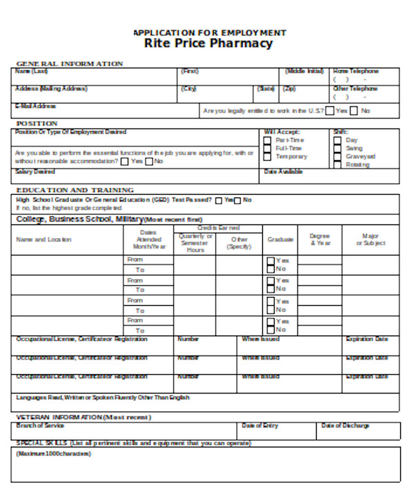 basic pharmacy job application form