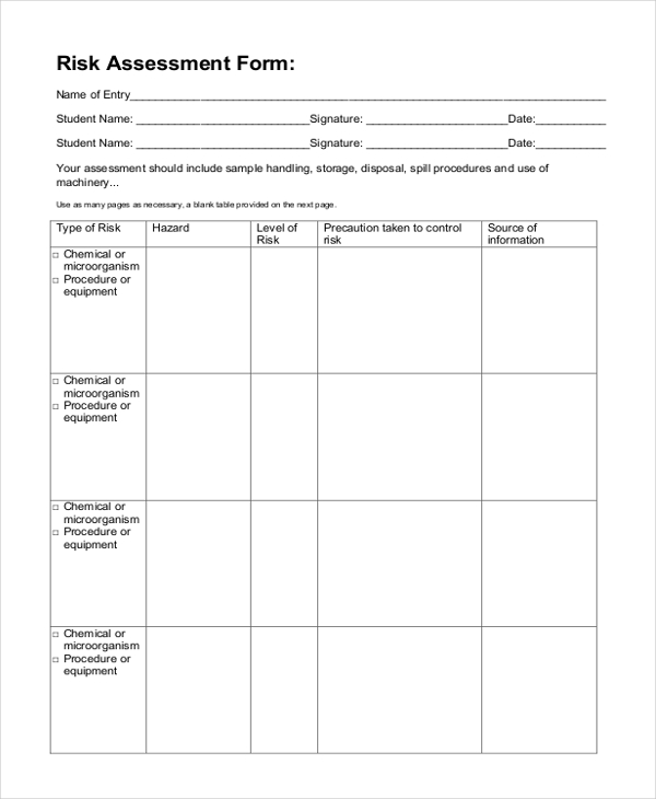 Free 19 Sample Risk Assessment Forms In Ms Word Pdf Excel 