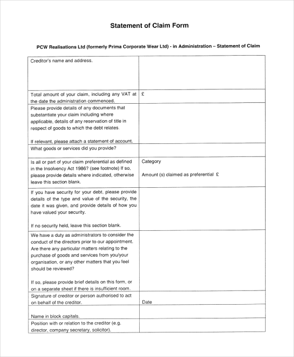 blank statement of claim form