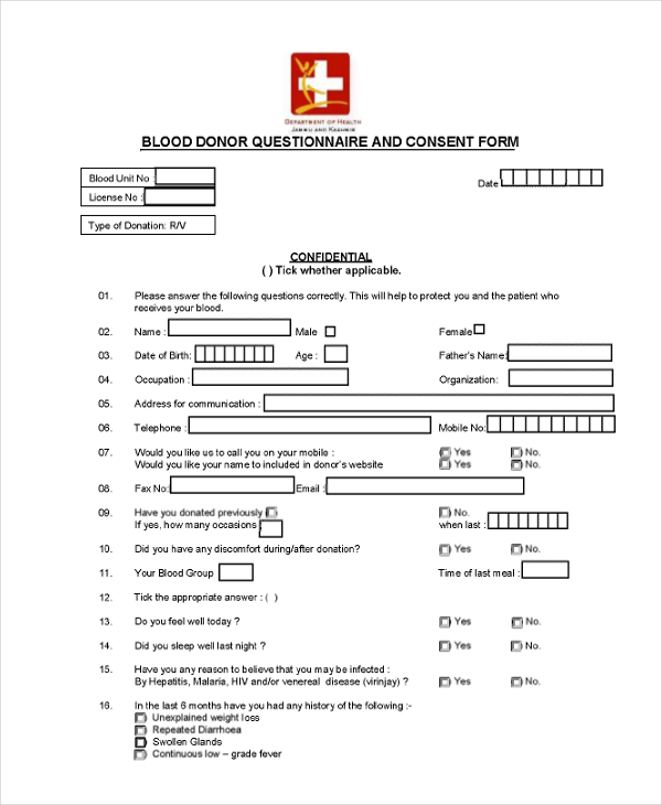 blood donate questionare consent form