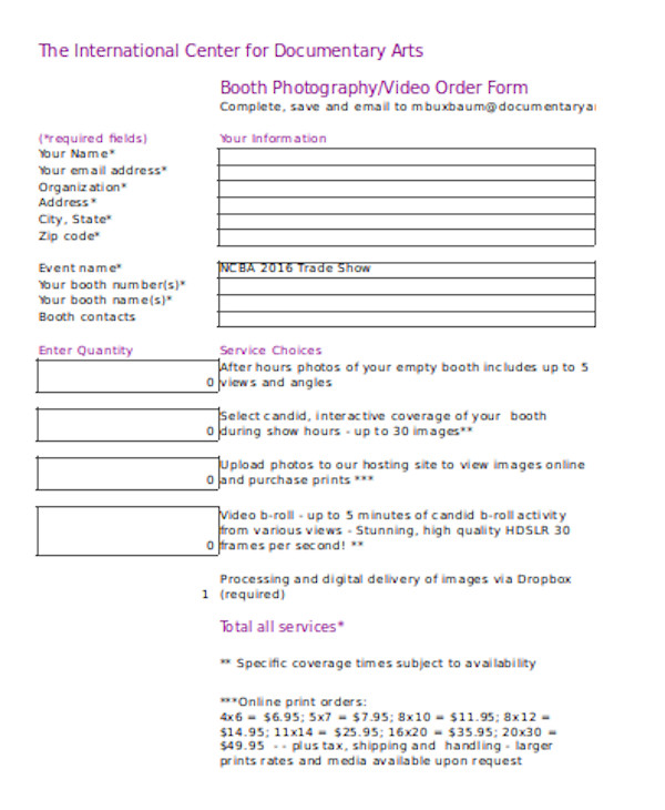 FREE 12 Sample Photography Order Forms In PDF Word Excel