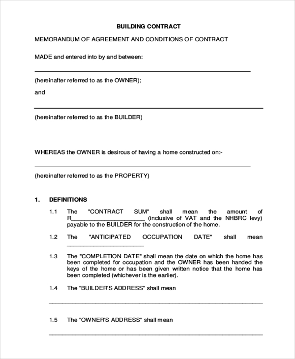 building construction agreement form