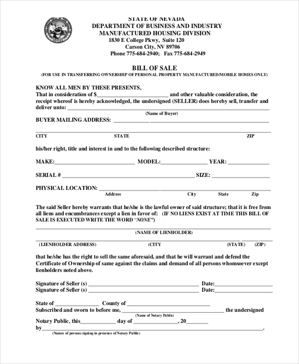 business bill of sale form