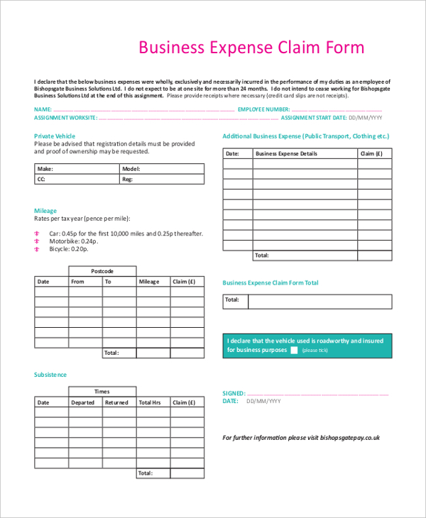 business expense claim form