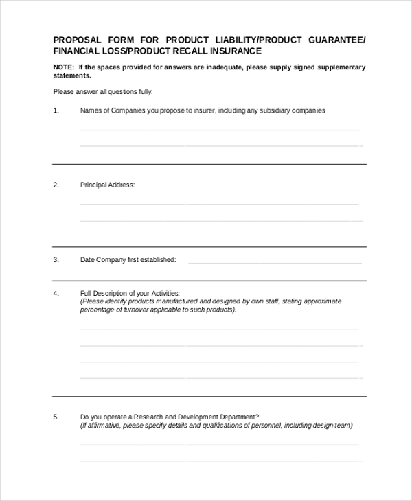 business product recall proposal form