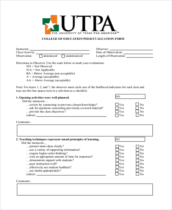 college of education peer evaluation form