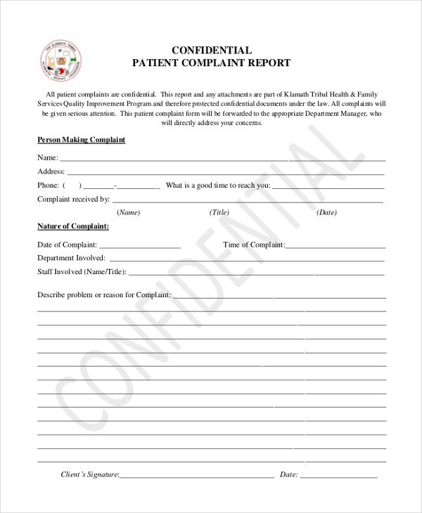 confidential patient complaint report