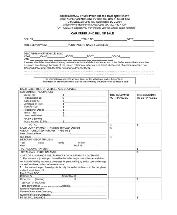 car bill of sale form