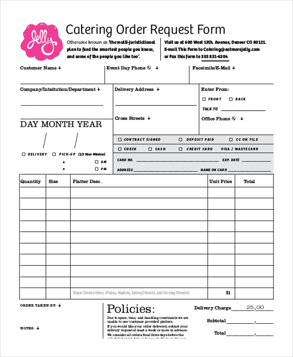Free 12 Sample Catering Order Forms In Pdf Excel Word