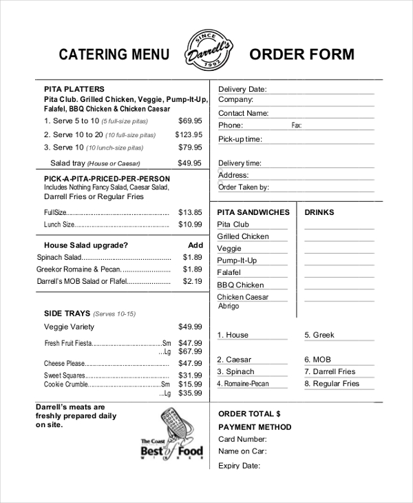 catering menu order form