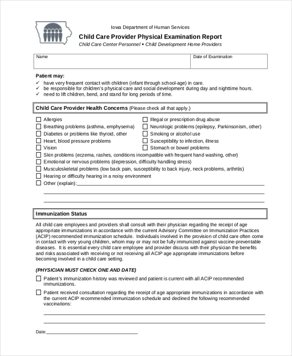 child care provider physical examination report