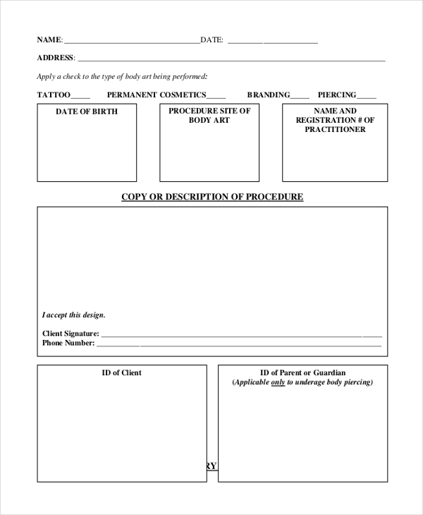 client questionary consent form of body parts